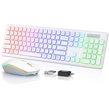 Wireless Keyboard and Mouse - RGB Backlit, Rechargeable & Light Up Letters, Full-Size, Ergonomic Tilt Angle, Sleep Mode, 2.4GHz Quiet Keyboard Mouse for Mac, Windows, Laptop, PC, Trueque(White) - Image 1