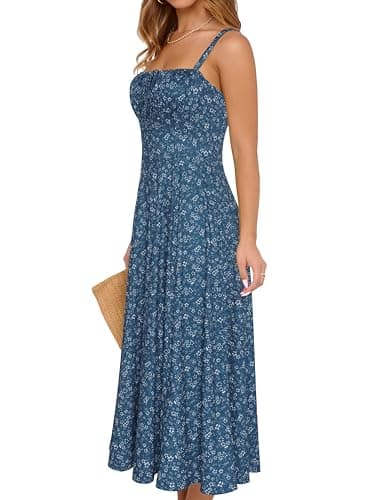 YATHON Midi Floral Corset Maxi Dresses for Women 2025 Casual Summer Tie at Bust Midi Sun Dress(YT552-Blue White F 05,S) - Image 4