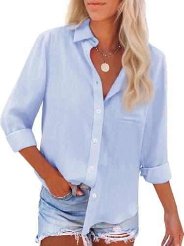 Womens Button Down Shirts Cotton Dress Shirts Oxford Shirts Long Sleeve Work Blouses Collared Tops Tunics with Pocket-All Blue M - Image 1