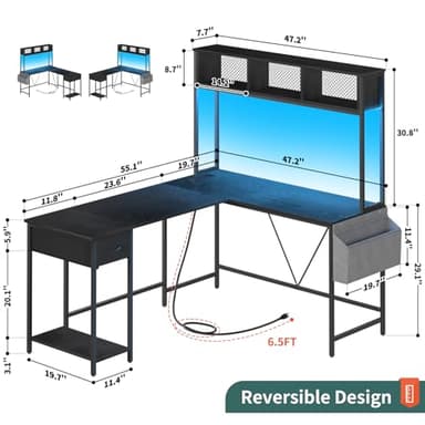Yoobure L Shaped Desk Gaming Desk with LED Strip & Power Outlet, Reversible L-Shaped Computer Desk with Storage Shelf & Drawer, Corner Desk with Storage Bag, 2 Person Home Office Desk, Black - Image 3