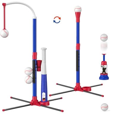 HYES 3-in-1 Baseball Set for Kids 3-5 - Tee Ball Stand, Hanging Tee, Ball Launcher and 6 Softballs - Adjustable Height, Indoor/Outdoor Sport Gifts for Boys Girls, Blue - Image 1