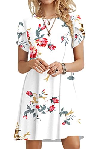 HOTGIFT Women Dresses Summer Casual Dress Swing Beach Sundresses Short Sleeve with Pockets Floral White Large - Image 1
