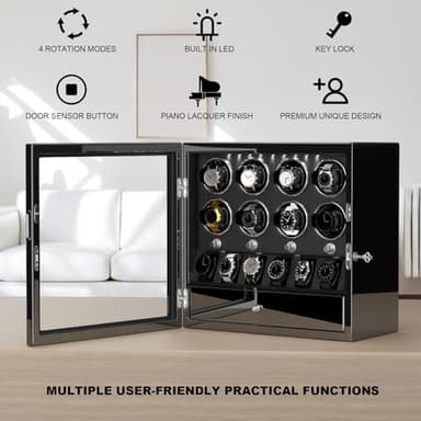 DUKWIN Watch Winder for 8 Automatic Watches,Lockable Watch Winders with Watch Holder and Jewelry Storage, Super Quiet Mabuchi Motor with High-Gloss Piano Lacquer Finish,Built-in Illumination-Black - Image 4