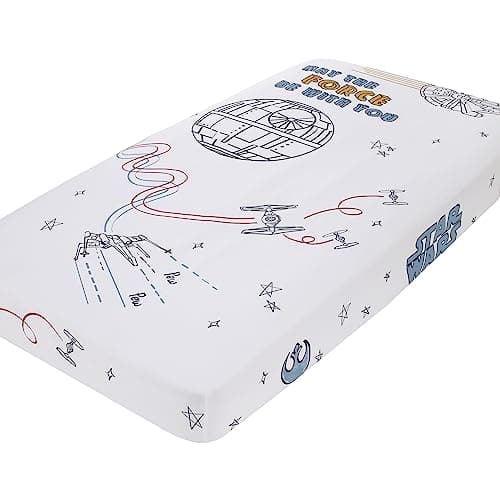 NoJo Star Wars May The Force Be with You White, Blue, and Gold Millennium Falcon and Death Star Photo Op Nursery Fitted Crib Sheet - Image 1