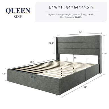 Allewie Queen Size Lift Up Storage Bed, Modern Wingback Headboard, Hydraulic Support, No Box Spring Needed, Dark Grey - Image 2