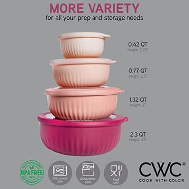 COOK WITH COLOR Prep Bowls with Lids- Wide and Deep Nesting Plastic Small Mixing Bowl Set with Lids, 8 Piece Set - Wide Bowls, Rose - Image 3