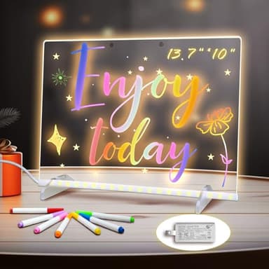 LED Note Board with Colors, 13.7"X10" 4 Modes &7 Colors Acrylic Dry Erase Boards with Light, Include Adapter, Hanging Chain, Led Drawing Board for Kids with Stand,7 Markers, Spray Bottle - Image 1