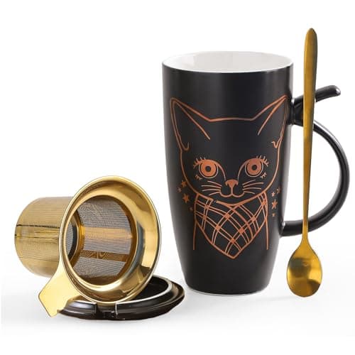 DELARLOCHEF Tea Mug With Infuser And Lid - 20oz Microwave & Dishwasher Safe Ceramic Mug, Cat Lover Gift with Leak-Proof Lid, 304 Stainless Steel Strainer & Spoon, Graduation Gifts, Golden Black Cat - Image 1