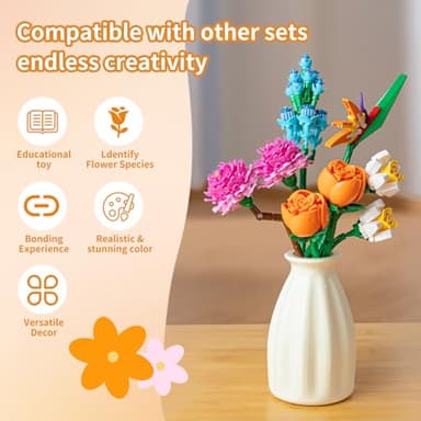 qesfir Flower Bouquet Building Set with Vase - Artificial Wildflower Botanical Collection Building Block, Plant Flower Kit, DIY Mini Micro Bricks Home Decor Gift for Birthday Mother's Day - Image 4