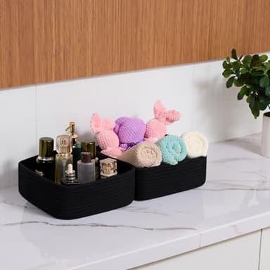 MiniArk Small Square Shallow Baskets for Organizing, 9.7x9.7x4.3 Inch Rope Woven Storage Bins for Cubes Closet, Shelves Storage, Boho Decorative Basket, 2 Packs Black - Image 4