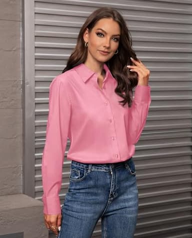 Gleeivy Women's Button Down Shirts Classic Fit Dress Shirt Work Business Casual Long Sleeve Blouse Tops Peach Red 2XL - Image 2