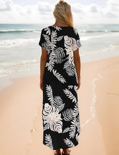 Zilcremo Women Summer Casual Maxi Dress Loose Pockets Short Sleeve Split Boho Dresses Beigeleaf S - Image 4