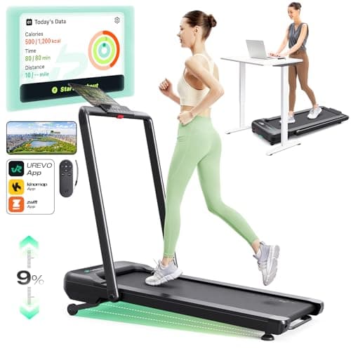 UREVO Smart Treadmill with 9% Incline, 3-in-1 Foldable Treadmill with Handle for Home/Office Fitness, Runner-Focused Design, 6 HIIT Programs & Auto Incline Follow Mode, 2 Display Screens, Plug & Play - Image 1