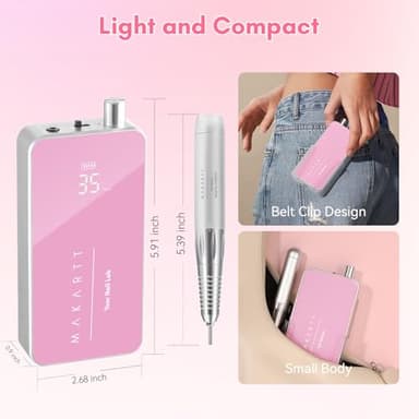 Makartt Nail Drill Professional: 60W 35000RPM Electric Nail File with Coreless Motor, 2 in 1 Desktop & Portable, Drill Bits and LCD Display for Acrylic Gel Nails, Nouvella Pink - Image 5