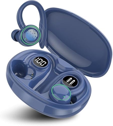 Wireless Earbuds, Bluetooth Ear Buds Sport, Stereo Deep Bass Over Ear Buds with Earhooks, In Ear Earphones with 4 ENC Noise Cancelling Mic, 48H LED Display Headphone for Running, IP7 Waterproof, Blue