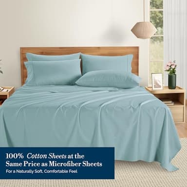 Casa Platino 100% Cotton Sheets Queen Size Set - 6 Pieces (1 Flat, 1 Fitted, 4 Pillowcases) - Soft & Breathable Percale Weave - Cooling Bed Sheets with Deep Pocket - Durable Queen Sheet Set - Blue Sky - Image 2