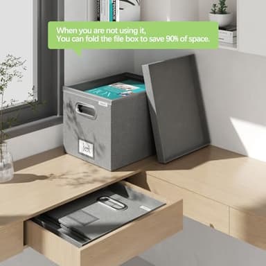 GRSQYS File Organizer Box - File Boxes for Hanging Files with Lid Set of 2 Decorative Hanging Folders Letter Size Organizer with One-Piece Plastic Frame Slides (Grey, 13.2 * 10.1 * 10.1in(2Pack)) - Image 6