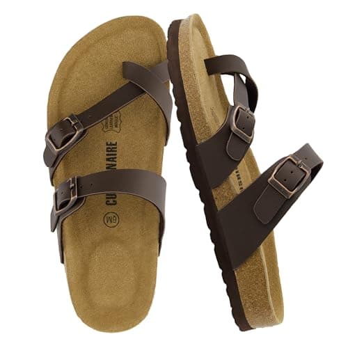 CUSHIONAIRE Luna Crossover Toe Strap Womens Sandals – Cork Footbed Slides with Adjustable Straps, Summer Sandals for Women 2025, BROWN 9 - Image 1
