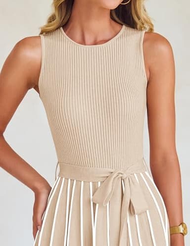 ZESICA Women's Summer Spring Midi Dress 2025 Sleeveless Ribbed Knit Tie Waist Casual A Line Sweater Dresses,Apricot,Small - Image 4