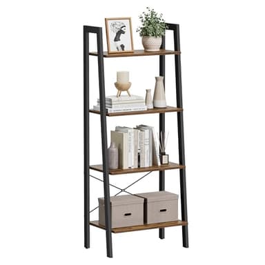 VASAGLE Ladder Shelf, 4-Tier Bookshelf, Storage Rack, Bookcase with Steel Frame, for Living Room, Home Office, Kitchen, Bedroom, Industrial Style, Rustic Brown and Ink Black ULLS44X - Image 1