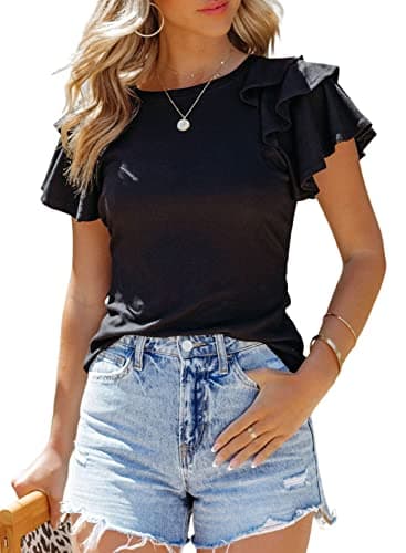 SHEWIN Summer Tops for Women Casual Short Ruffle Sleeve Tshirts Shirts for Women 2025 Black L - Image 1
