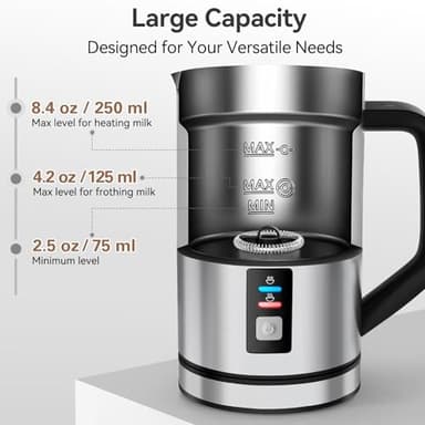 Secura Milk Frother, Electric Milk Steamer Stainless Steel, 8.4oz/250ml Automatic Hot and Cold Foam Maker and Milk Warmer for Latte, Cappuccinos, Macchiato, 120V - Image 6