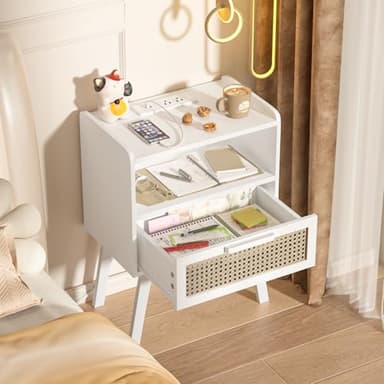 Lerliuo Rattan Nightstands Set of 2 with Charging Station, White Bedside Table with Drawer Open Shelf, Cane Accent Side End Table with Solid Wood Legs, Night Stand for Bedroom, Dorm and Small Spaces - Image 5
