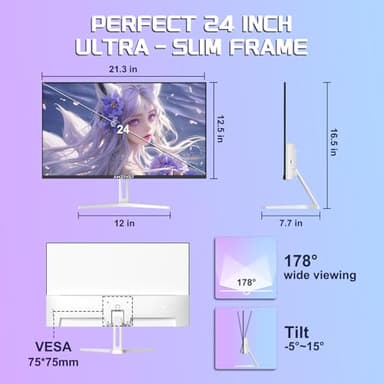 Amzfast 24 Inch Gaming Monitor 200Hz FHD 1080p Fast IPS Computer Monitor, 110% sRGB 1ms HDR Support Adaptive Sync, Eye Care VESA Mount HDMI 2.0 | Display Port 1.4 White Monitor, G24X1W - Image 8
