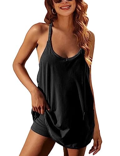 Yidarer Womens Summer Athletic Mini Dress Sleeveless Spaghetti Strap Built-in Shorts V Neck Sundress with Pockets (Black-S) - Image 1