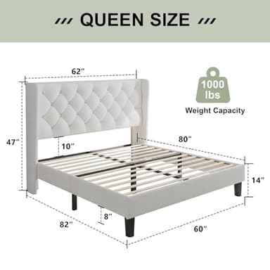 Feonase Queen Size Bed Frame with Diamond Tufted Wingback Headboard, Upholstered Platform Bed, Sturdy Wooden Slats Support, Noise-Free, No Box Spring Needed, Easy Assembly, White - Image 2