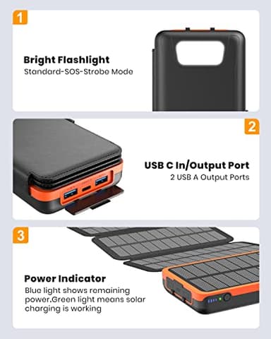 Hiluckey Solar Charger 27000mAh Power Bank 22.5W Fast Charging Portable Phone Charger with 4 Solar Panels USB C PD External Battery Pack with 3 USB Outputs for Cellphone Tablet - Image 7