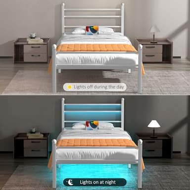 J.Fkne Twin Bed Frame with LED Lights & Charging Station, Metal Platform Bed with Headboard, Heavy Duty Metal Slats, No Box Spring Needed, Noise Free, Easy Assembly, White - Image 7