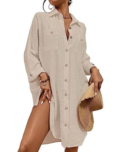 Bsubseach Womens Modern Swimsuit Cover Up Blouse Button Down Shirt Dresses Tops Apricot - Image 1