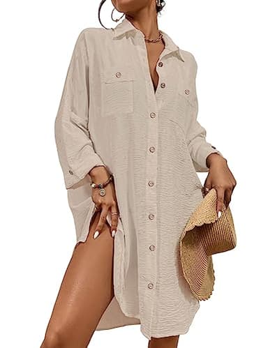 Bsubseach Womens Modern Swimsuit Cover Up Blouse Button Down Shirt Dresses Tops Apricot - Image 1