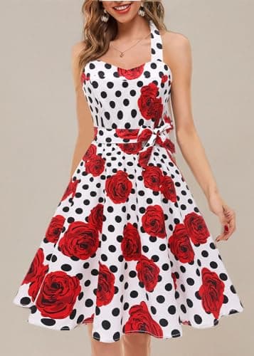 Topdress Women's Vintage Polka Audrey Dress 1950s Halter Retro Cocktail Dress White Dot/Rose M - Image 8