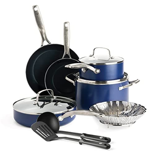 Blue Diamond 11 Piece Cookware Set, Diamond Infused PFAS & PFOA-Free Ceramic Nonstick Pots and Pans, Durable Nontoxic Metal Utensil Safe & Scratch Resistant, Dishwasher & Oven Safe, Blue - Image 1