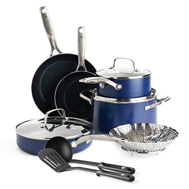 Blue Diamond 11 Piece Cookware Set, Diamond Infused PFAS & PFOA-Free Ceramic Nonstick Pots and Pans, Durable Nontoxic Metal Utensil Safe & Scratch Resistant, Dishwasher & Oven Safe, Blue - Image 1