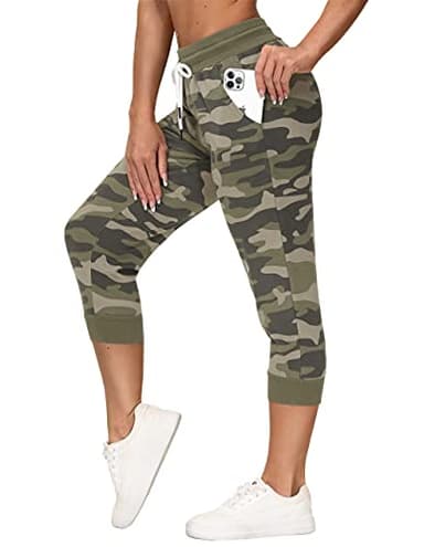 SPECIALMAGIC Women's Sweatpants Cropped Jogger French Terry Running Pants Lounge Loose Fit Drawstring Waist with Side Pockets Camouflage Army Green S - Image 2