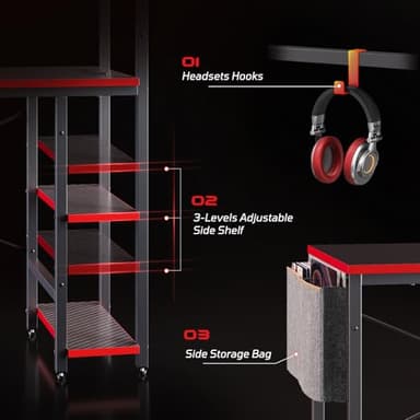 Bestier Gaming Desk with Power Outlets, 61 Inch Large Led Gamer Desk with 4 Tiers Reversible Shelves, PC Gaming Table with Headset Hook & Side Storage Bag for Bedroom (Black 3D Carbon Fiber) - Image 8