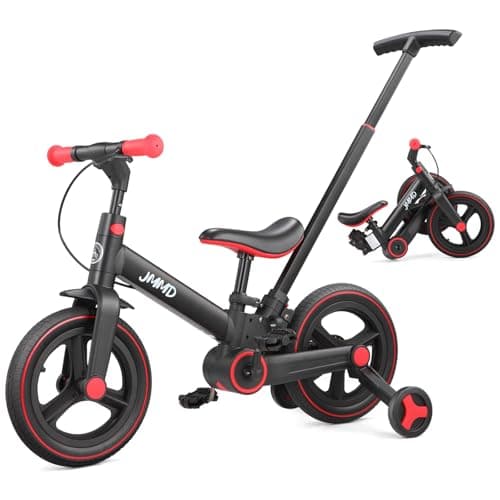 JMMD Toddler Bike with Push Handle for Kids 18-60 Months, 6 in 1 Foldable Push Bike with Training Wheels, Pedals, Brakes, Kickstand, Kid Balance Bike Gift & Toys for Boy & Girl, Black - Image 1