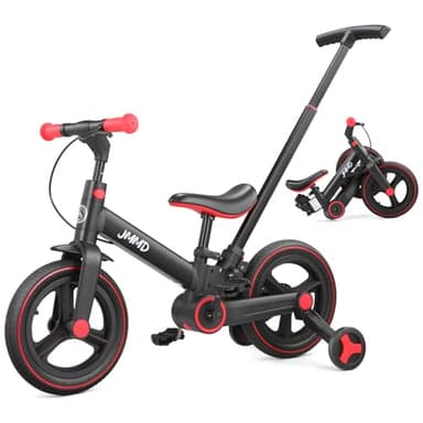 JMMD Toddler Bike with Push Handle for Kids 18-60 Months, 6 in 1 Foldable Push Bike with Training Wheels, Pedals, Brakes, Kickstand, Kid Balance Bike Gift & Toys for Boy & Girl, Black - Image 1