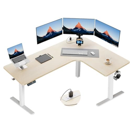 HUANUO 63″ Dual Motor L-Shaped Standing Desk, Built-in Power Outlets, Electric Height Adjustable Corner Computer Desk, Large Power Strip Holder, Sit Stand Up Desk with 3 Preset Heights, Natural Wood - Image 1