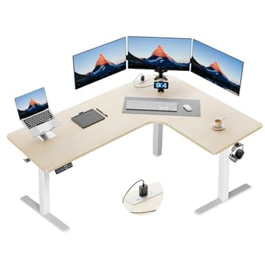 HUANUO 63″ Dual Motor L-Shaped Standing Desk, Built-in Power Outlets, Electric Height Adjustable Corner Computer Desk, Large Power Strip Holder, Sit Stand Up Desk with 3 Preset Heights, Natural Wood - Image 1