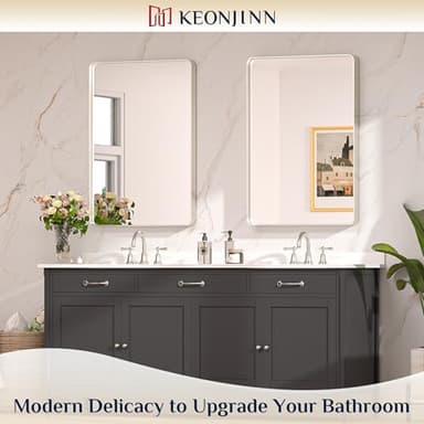 Keonjinn Brushed Nickel Mirror 24” x 36” Silver Bathroom Mirror for Over Sink, Rounded Rectangle Farmhouse Vanity Mirror with Metal Frame, HD Tempered Glass Decorative Wall Mirror(Horizontal/Vertical) - Image 2