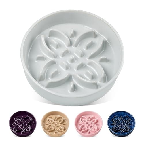 vancasso Ceramic Slow Feeder Dog Bowls, Puzzle Dog Food Bowls with Floral Maze, Anti -Slip Pet Food Dish for Small Breed, 0.6 Cups, Grayish Cyan
