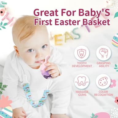 Easter Egg Bunny Baby Teether for Easter Basket Stuffers, Rabbit Egg Rattle Toy Teething for Easter Basket Essentials Infant Boys & Girls First Gifts with 2 Packs Easter Egg Pacifier Clip, 3 Months+ - Image 3
