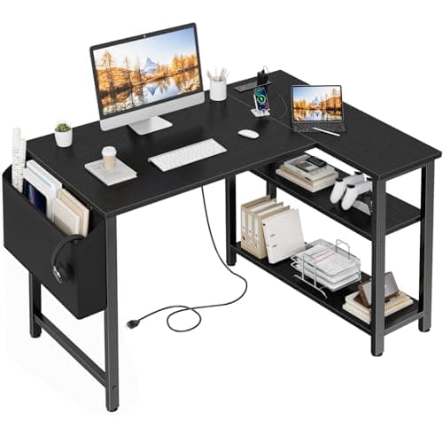 Lufeiya Small L Shaped Desk with Power Outlet Shelves, 40 Inch Corner Computer Desk for Small Space Home Office, L-Shaped Gaming Desk PC Desks with Charging Station, Black - Image 1
