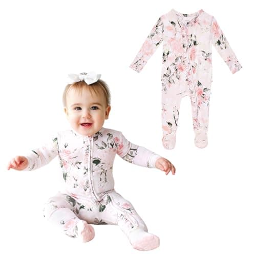Posh Peanut Footie Pajamas for Baby Girls – Sleepers in Ultra-Soft Viscose from Bamboo with 2-Way Zipper & Ruffle Trim – Newborn to Toddler Sleepwear (Vintage Pink Rose, 0-3 Months) - Image 1