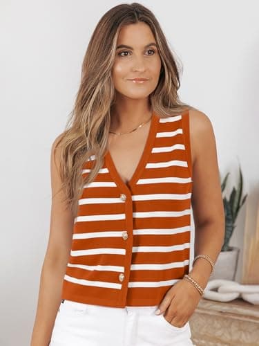 LILLUSORY Summer Vest Tops for Women 2025 Striped Sweater Vests Vacation Button Up Outfits Shirts Blouses Jacket Clothes OrangeWhite M - Image 2