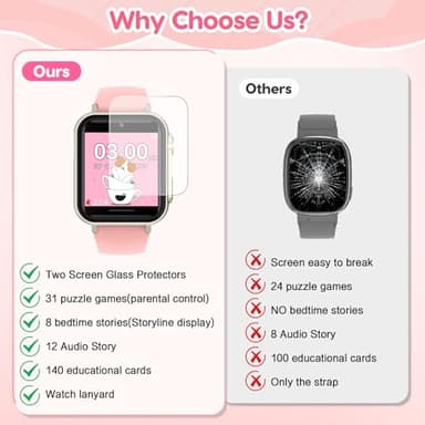 cjc Smart Watch for Kids Gift for Girls Ages 4-12 - Includes Screen Protector, 30+ Games, 140 Learning Cards, HD Touch Screen, Camera, Music, Pedometer - Fun & Educational Birthday Gift Idea (Pink) - Image 8